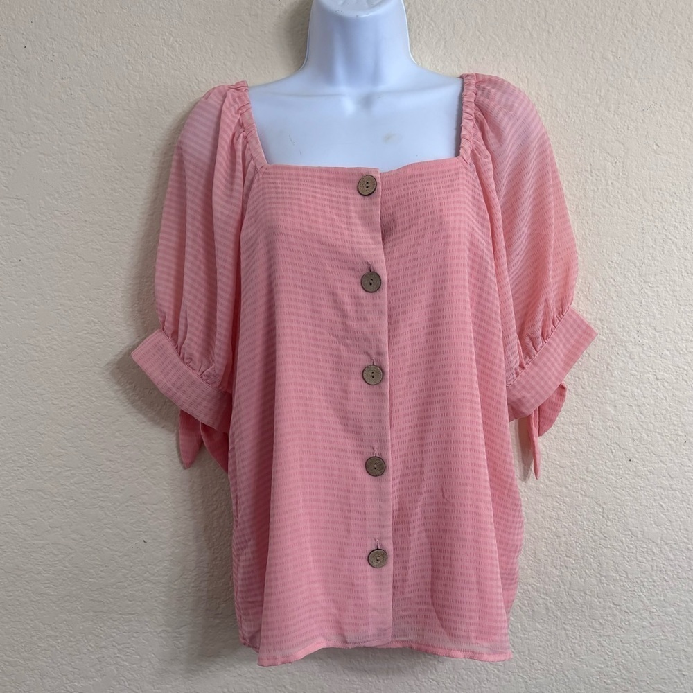 LC Lauren Conrad Square Neck Puff Sleeve Top Blouse Size Medium‎ Button Front